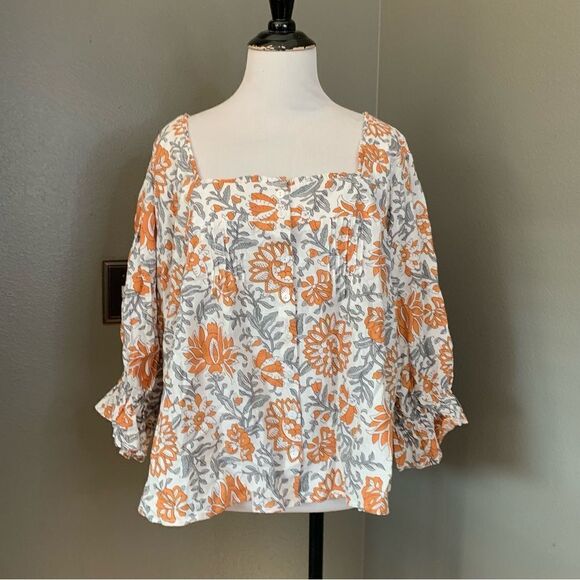 Rachel Zoe Button Down Linen Blend Blouse orange Rust Grey White - Picture 11 of 11